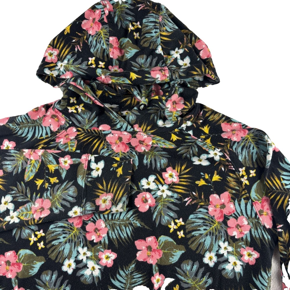 Saga Outerwear Hoodie Women Large Black Tropical Floral Hibiscus Fleece Pullover